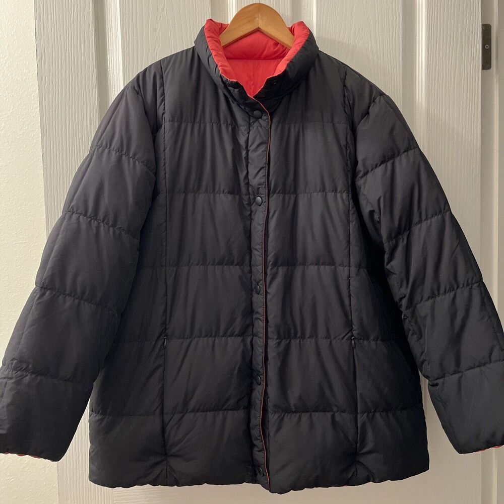 Lands End Goose‎ Down Jacket Reversible Black & Red Puffer Women Sz L 14-16